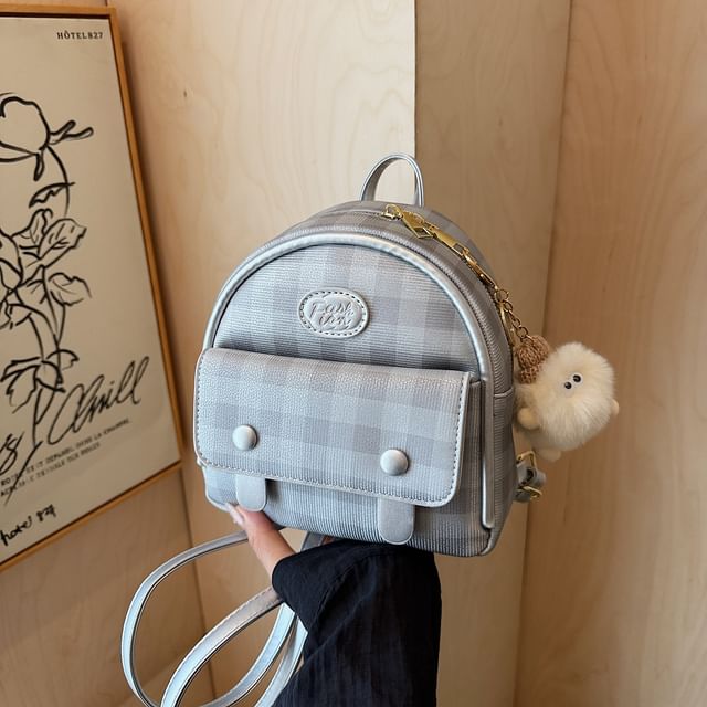 Plaid Flap Faux Backpack Leather