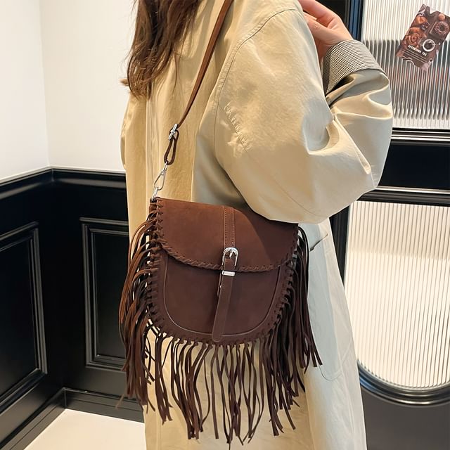 Fringe Saddle Faux Suede Bag Crossbody