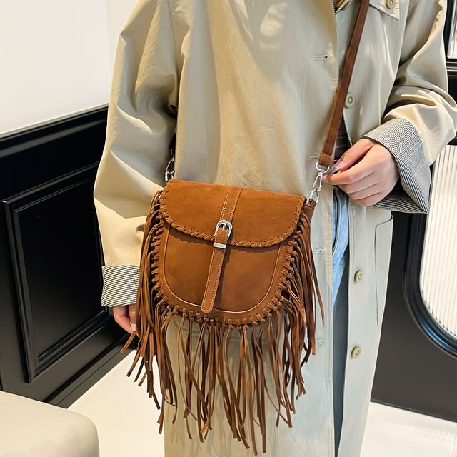 Fringe Saddle Faux Suede Bag Crossbody