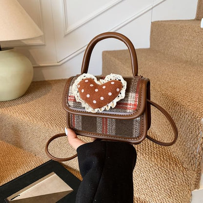 Applique Bag Crossbody Top Heart Plaid Flap Handle