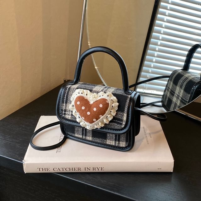 Applique Bag Crossbody Top Heart Plaid Flap Handle