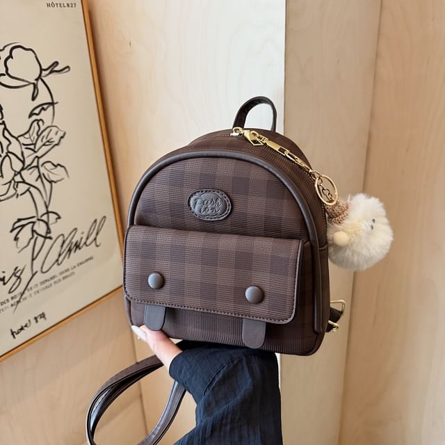 Plaid Flap Faux Backpack Leather