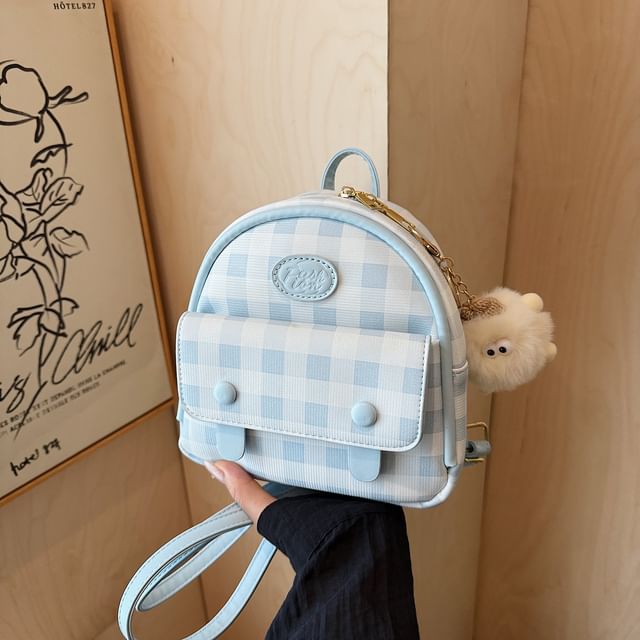 Plaid Flap Faux Backpack Leather