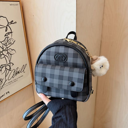 Plaid Flap Faux Backpack Leather