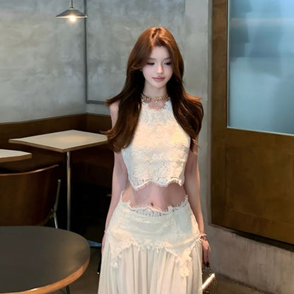 Crewneck Lace Crop Tank & Maxi A-Line Skirt