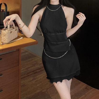 Halter Pearl Trim Tank & Mini Pencil Skirt Set