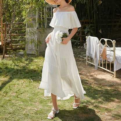 Maxi Dress Plain Flared-Sleeve A-Line Off-Shoulder