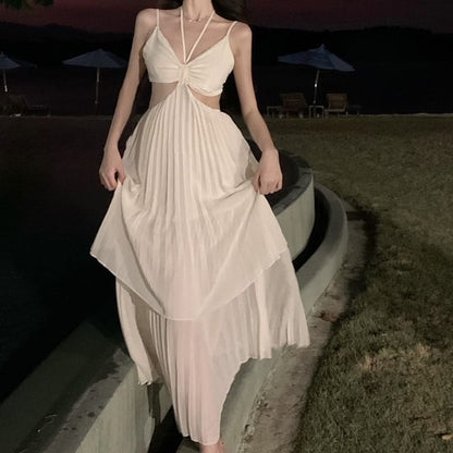 Maxi Plain Cutout Sundress Spaghetti Strap Asymmetrical