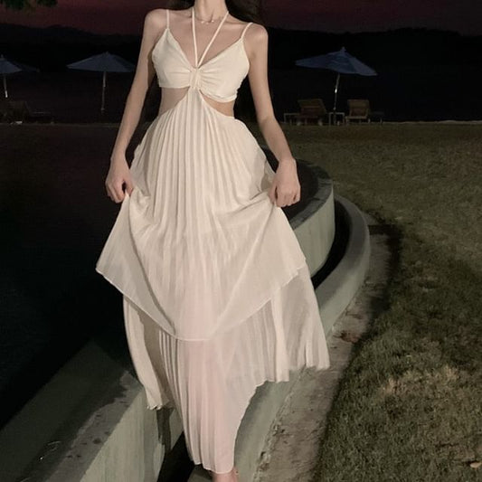 Maxi Plain Cutout Sundress Spaghetti Strap Asymmetrical