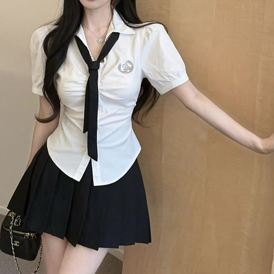 Short Sleeve Logo Ruched Slim Fit Shirt Necktie High Waist Pleated Mini A-Line Skirt Set