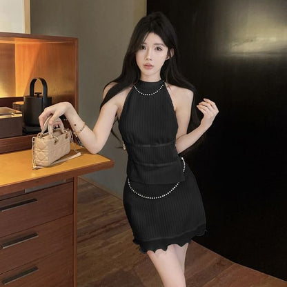 Halter Pearl Trim Tank & Mini Pencil Skirt Set
