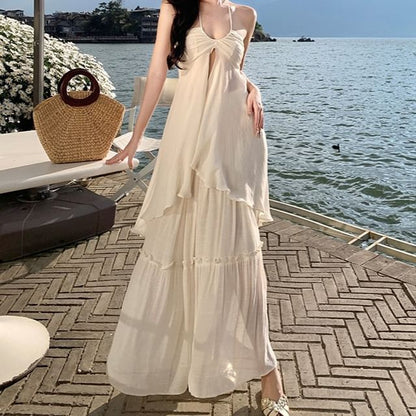 Plain Lettuce Edge Front Slit Asymmetrical Halter Top High Rise Maxi A-Line Skirt Set
