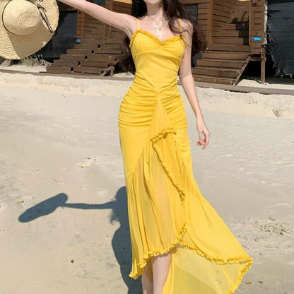 Spaghetti Strap Plain Ruffle Asymmetrical Ruched Maxi Sundress