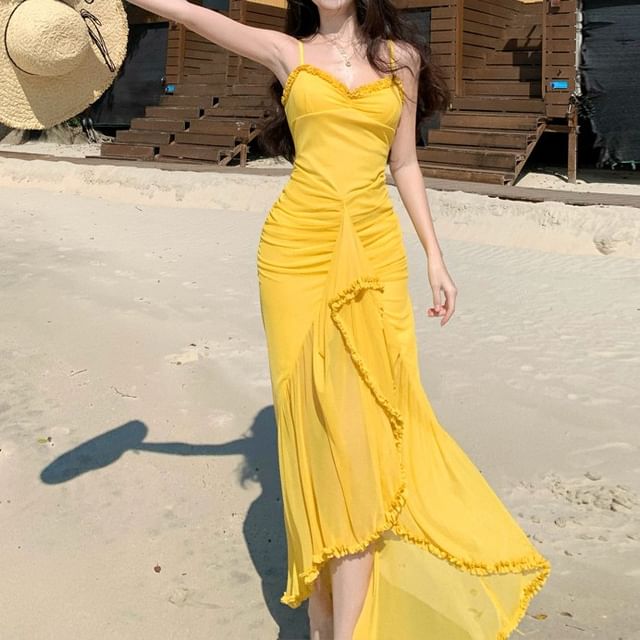 Maxi Strap Ruffle Ruched Sundress Asymmetrical Plain Spaghetti