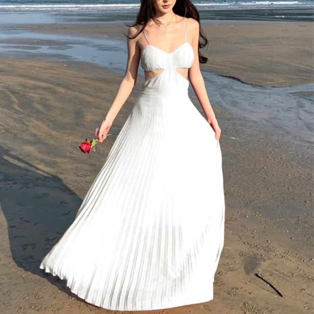 Spaghetti Strap Sundress Maxi Pleated Plain Cutout