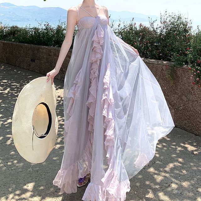 Spaghetti Strap Plain Ruffle Asymmetrical Mesh Panel Maxi Sundress