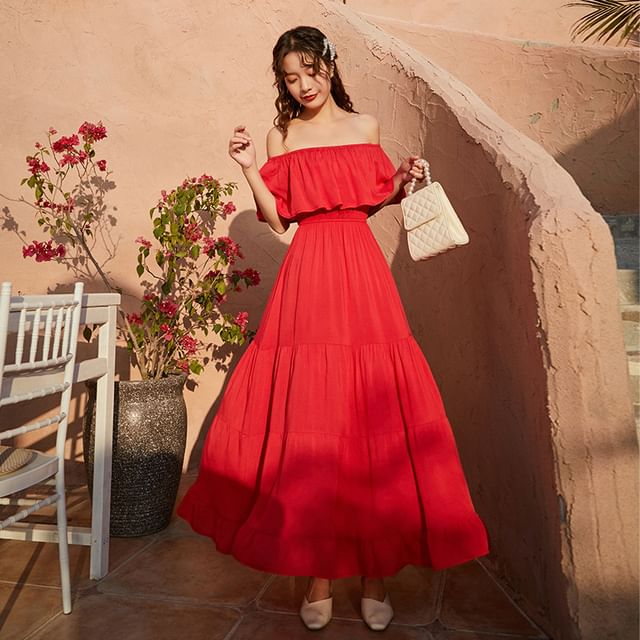 Maxi Dress Plain Flared-Sleeve A-Line Off-Shoulder