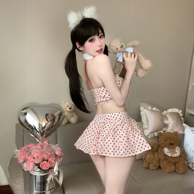 Halter Collar Dotted Crop Top High Waist Mini A-Line Skirt Stockings Set