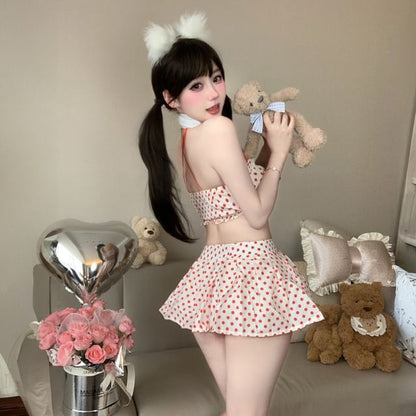 Halter Collar Dotted Crop Top High Waist Mini A-Line Skirt Stockings Set