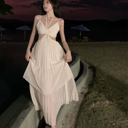 Maxi Plain Cutout Sundress Spaghetti Strap Asymmetrical