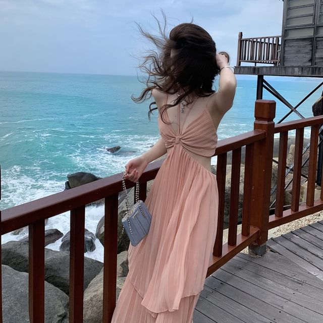 Maxi Plain Cutout Sundress Spaghetti Strap Asymmetrical