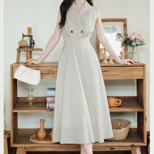 A-Line Collar Halter Dress Set Striped Maxi Plain Cardigan Lettuce / Edge