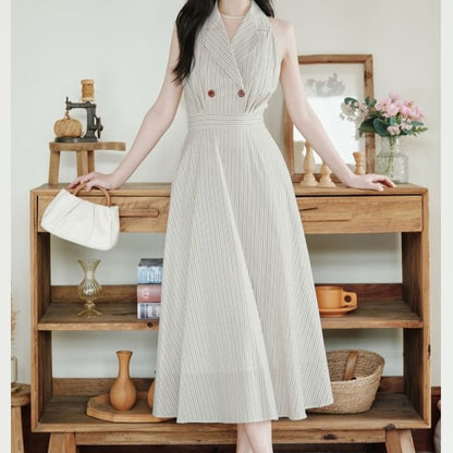 A-Line Collar Halter Dress Set Striped Maxi Plain Cardigan Lettuce / Edge