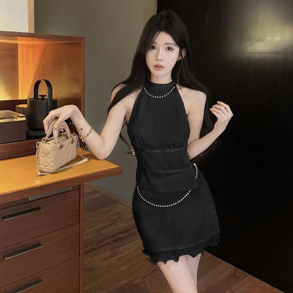 Halter Plain Faux Pearl Slim Fit Tank Top High Rise Mini Pencil Skirt Set