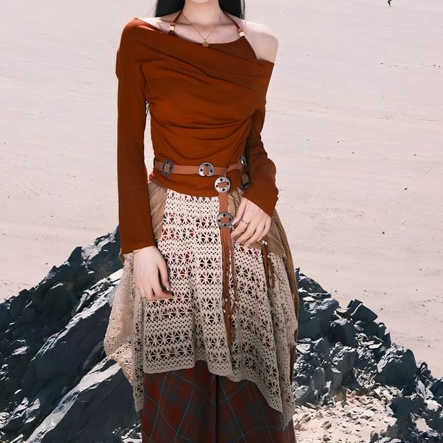 Long Sleeve Cold Shoulder Plain Beaded T-Shirt High Rise Plaid Patchwork Maxi A-Line Skirt Faux Leather Belt Set