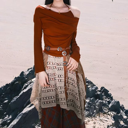 Long Sleeve Cold Shoulder Plain Beaded T-Shirt High Rise Plaid Patchwork Maxi A-Line Skirt Faux Leather Belt Set