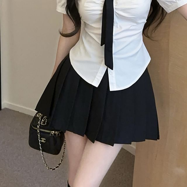 Short Sleeve Logo Ruched Slim Fit Shirt Necktie High Waist Pleated Mini A-Line Skirt Set