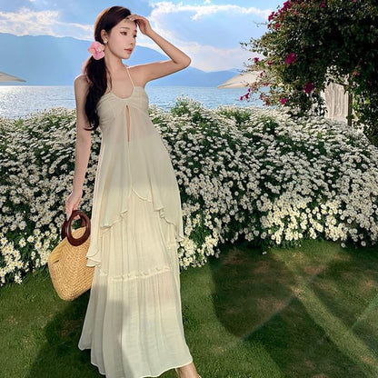 Plain Lettuce Edge Front Slit Asymmetrical Halter Top High Rise Maxi A-Line Skirt Set