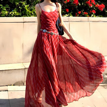 Neck Set Belt Maxi Plaid / Sundress Spaghetti Strap Scoop