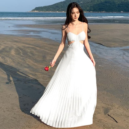 Spaghetti Strap Plain Cutout Pleated Maxi Sundress