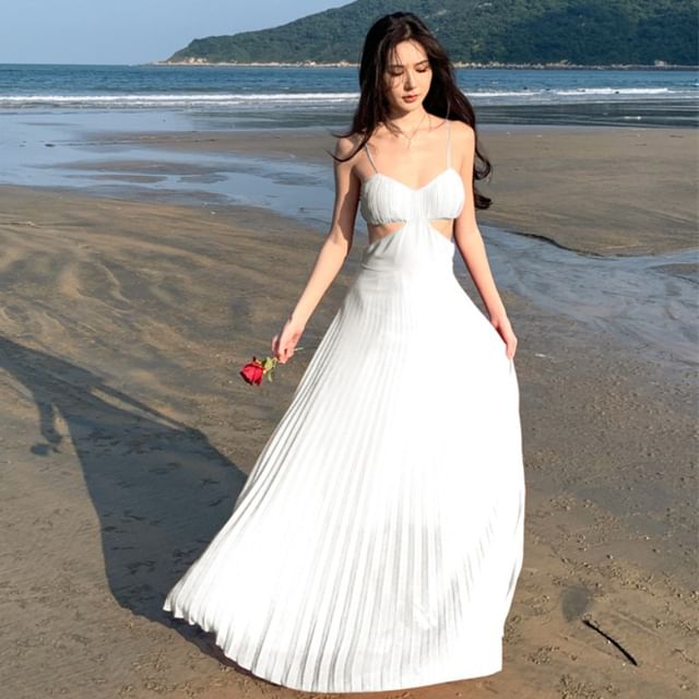 Spaghetti Strap Sundress Maxi Pleated Plain Cutout