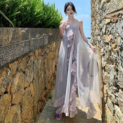 Sundress Ruffle Spaghetti Strap Panel Mesh Maxi Plain Asymmetrical