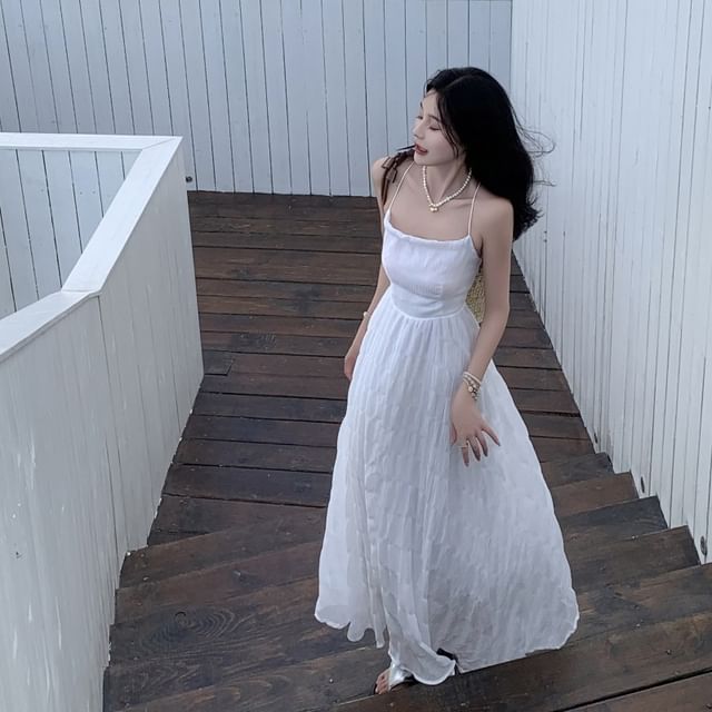 Plain Maxi Textured Strappy Sundress Halter