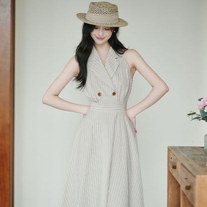 A-Line Collar Halter Dress Set Striped Maxi Plain Cardigan Lettuce / Edge