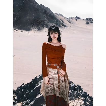 Long Sleeve Cold Shoulder Plain Beaded T-Shirt High Rise Plaid Patchwork Maxi A-Line Skirt Faux Leather Belt Set