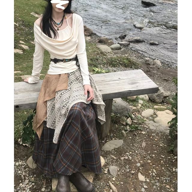Long Sleeve Cold Shoulder Plain Beaded T-Shirt High Rise Plaid Patchwork Maxi A-Line Skirt Faux Leather Belt Set