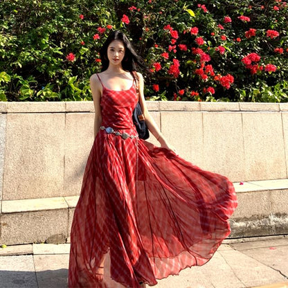 Neck Set Belt Maxi Plaid / Sundress Spaghetti Strap Scoop