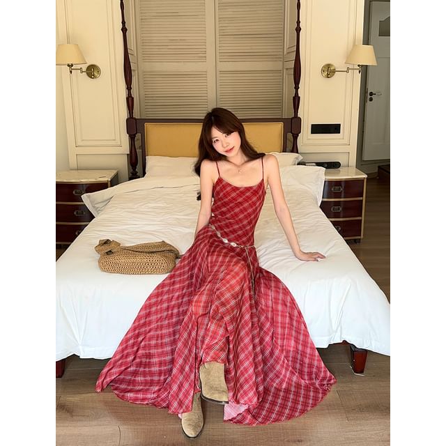 Neck Set Belt Maxi Plaid / Sundress Spaghetti Strap Scoop