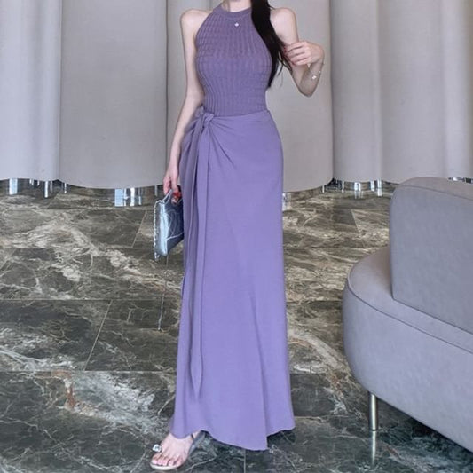 Plain Ribbed Knit Halter Top High Waist Knot Maxi H-Line Skirt