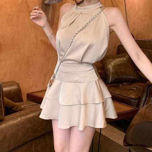 Sleeveless Round Neck Plain Top High Rise Mini A-Line Skirt Set