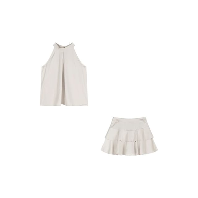 Sleeveless Round Neck Plain Top High Rise Mini A-Line Skirt Set