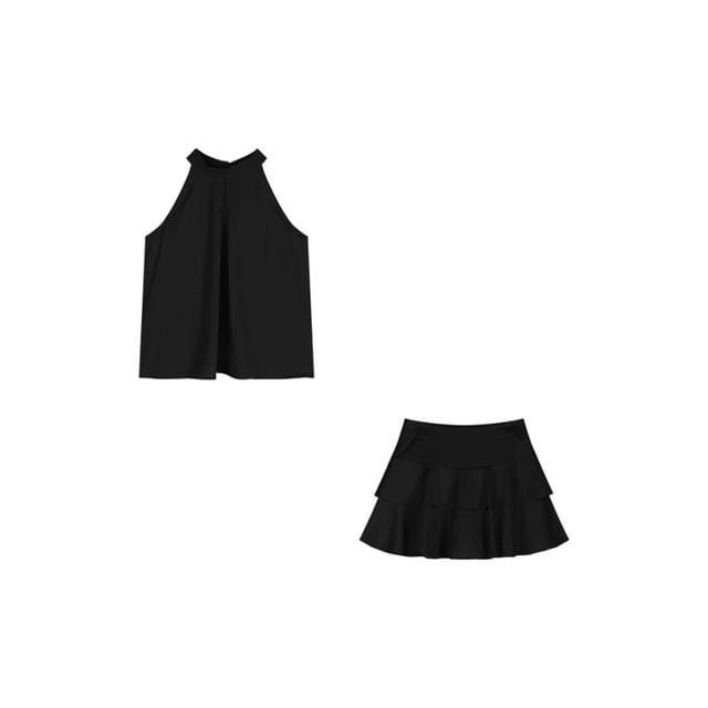 Sleeveless Round Neck Plain Top High Rise Mini A-Line Skirt Set