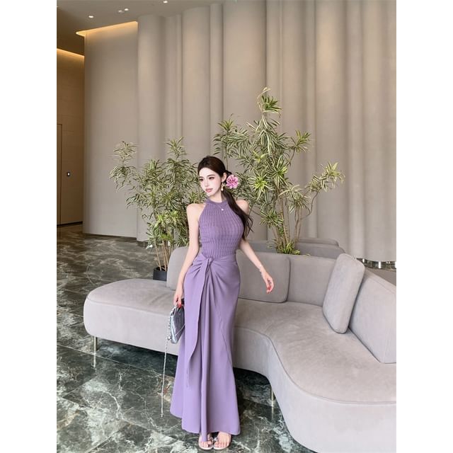 Plain Ribbed Knit Halter Top High Waist Knot Maxi H-Line Skirt