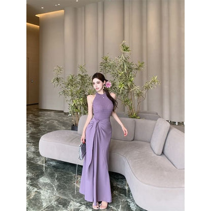 Plain Ribbed Knit Halter Top High Waist Knot Maxi H-Line Skirt