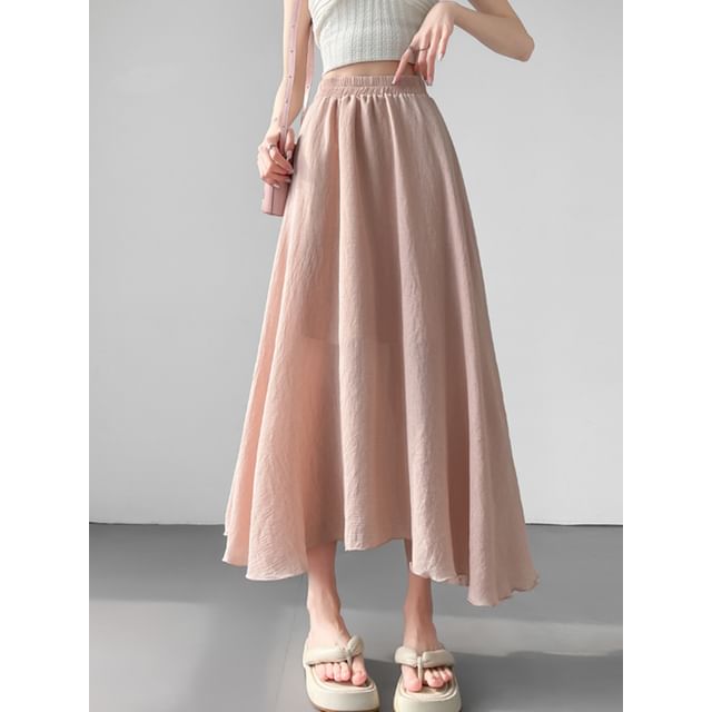 High Waist Plain Midi A-Line Skirt