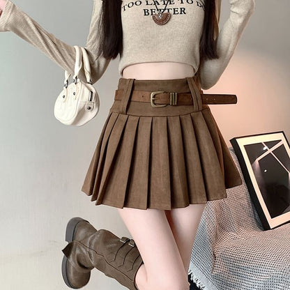 High Rise Plain Mini Pleated Skirt